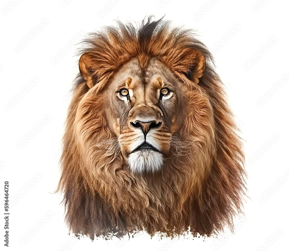 Beautiful lion male head isolated on white, illustration generative AI