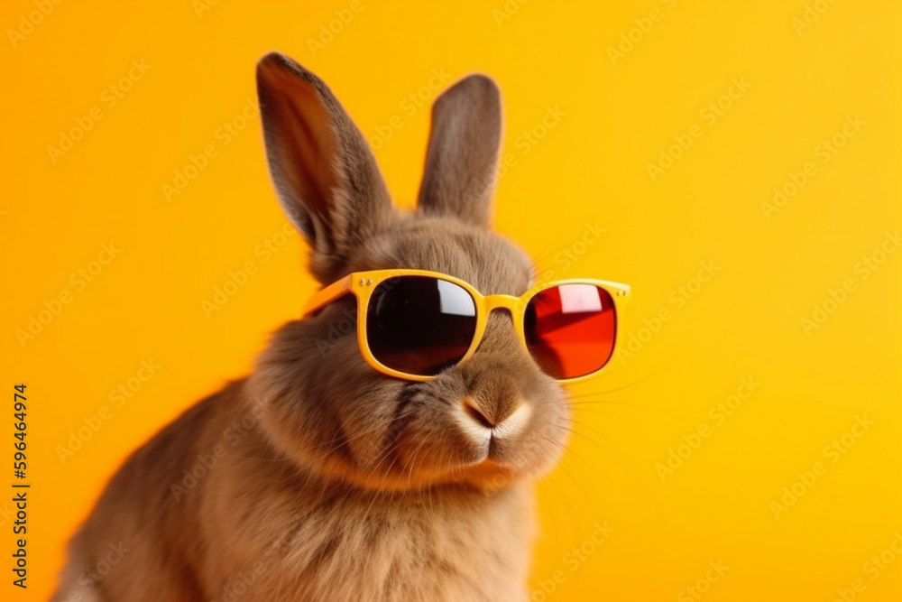 Fluffy rabbit with funny sunglasses on yellow background isolated. Cute animal pet with glasses concept. Ai generated
