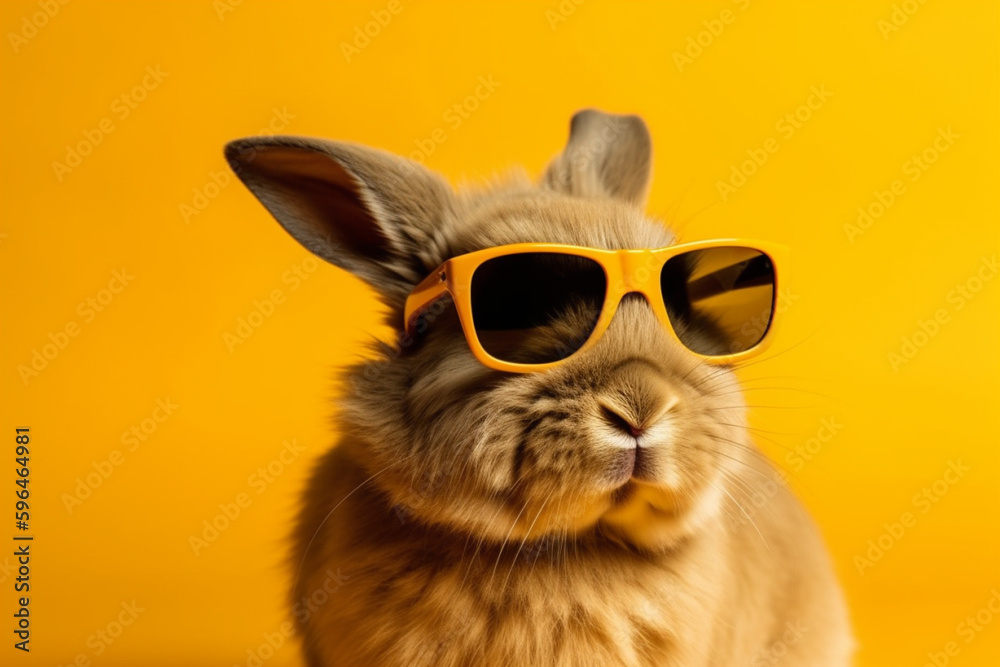 Fluffy rabbit with funny sunglasses on yellow background isolated. Cute animal pet with glasses concept. Ai generated