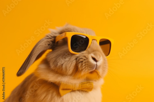 Fluffy rabbit with funny sunglasses on yellow background isolated. Cute animal pet with glasses concept. Ai generated © dragomirescu