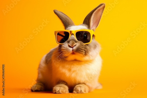 Fluffy rabbit with funny sunglasses on yellow background isolated. Cute animal pet with glasses concept. Ai generated © dragomirescu