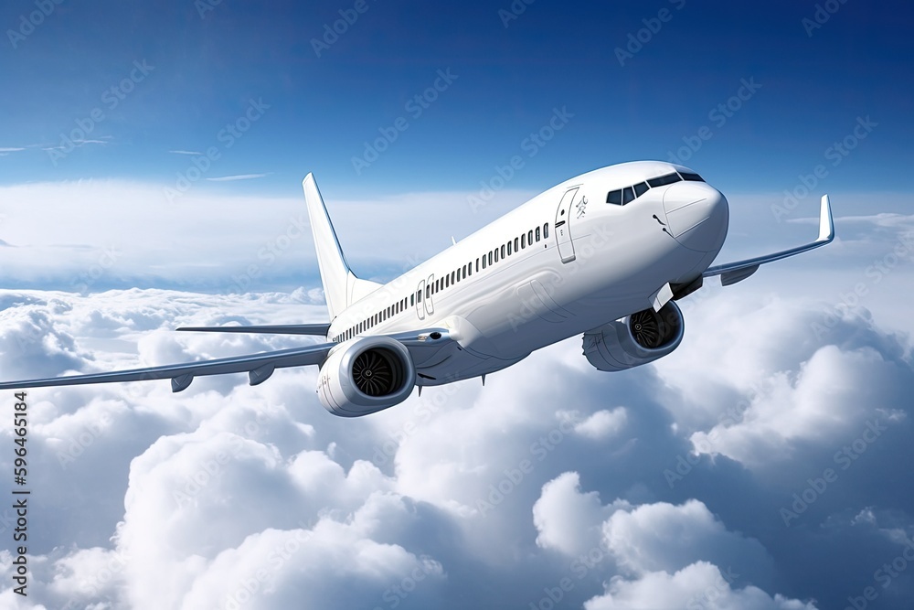 commercial airplane soaring through a clear blue sky with fluffy white clouds in the background. Generative AI commercial airplane soaring through a clear blue sky with fluffy white clouds in the background. Generative AI