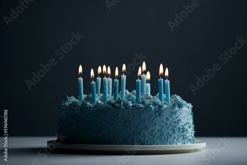 Blue birthday cake with lit candles on light gray background. Generative AI