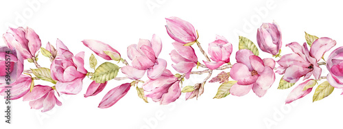 Watercolor illustration, seamless horizontal border with pink flowers. Magnolia flowers header
