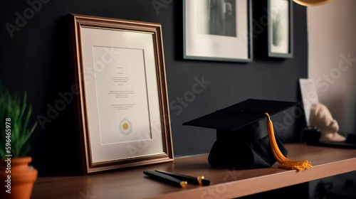 Empty frame on office wall diploma degree certificate credentials image photo poster business chief executive officer ceo cfo cxo promotion portrait work 3d fill in blank. Generative AI photo