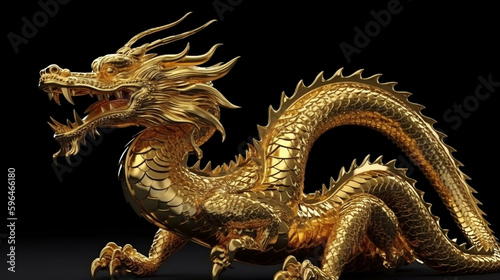 Full body gold dragon in bend body pose with 3d rendering include alpha path., Generative Ai © oldwar