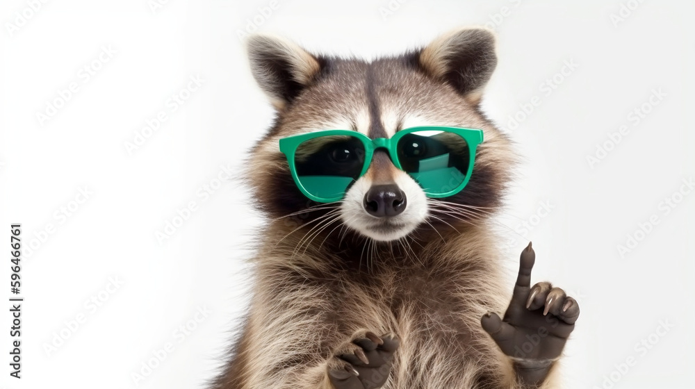 Funny raccoon in green sunglasses showing a rock gesture isolated on white background, Generative Ai