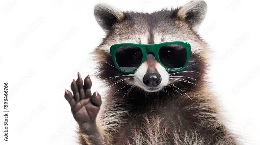 Funny raccoon in green sunglasses showing a rock gesture isolated on white background, Generative Ai - obrazy, fototapety, plakaty 