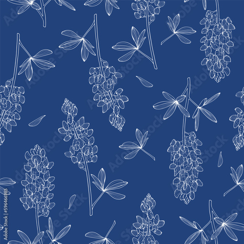 Photography seamless floral pattern with bluebonnet on the blue background