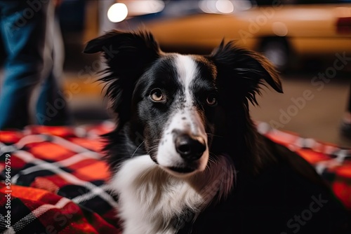 sitting black and white dog on a cozy blanket. Generative AI © 2rogan
