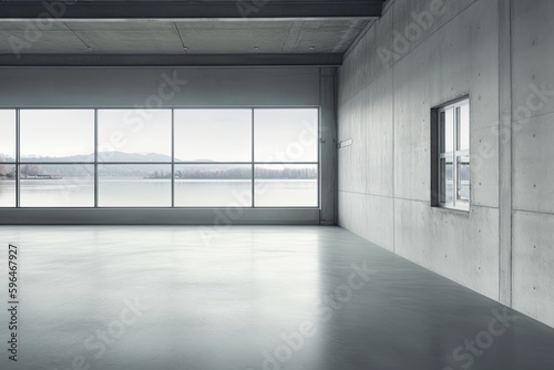 an empty room with a scenic view of the waterfront. Generative AI