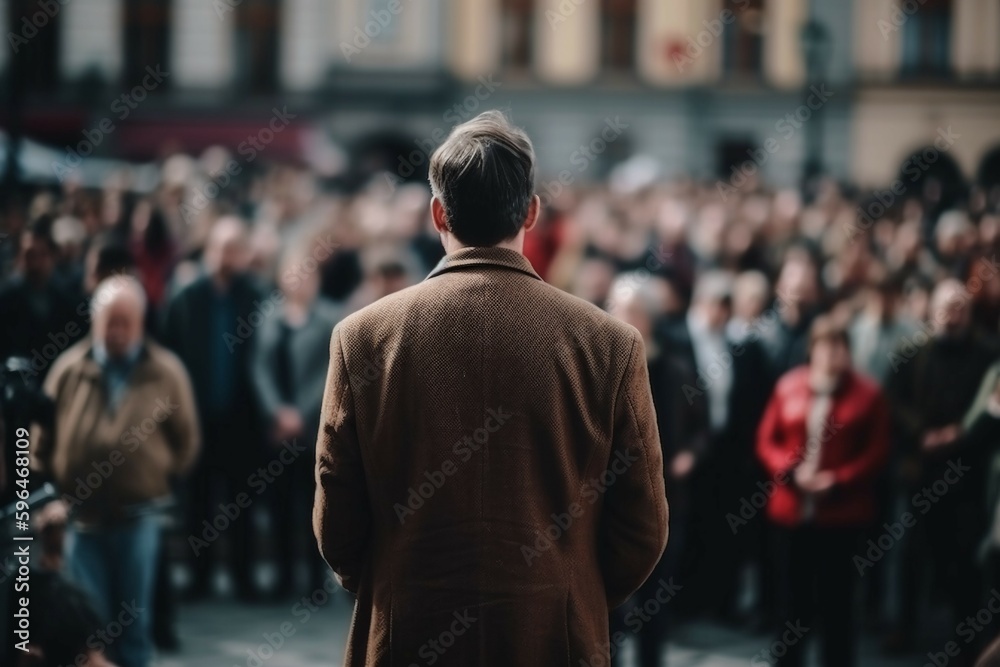 The back of the person speaking, blurred background a crowd of spectators. AI generative