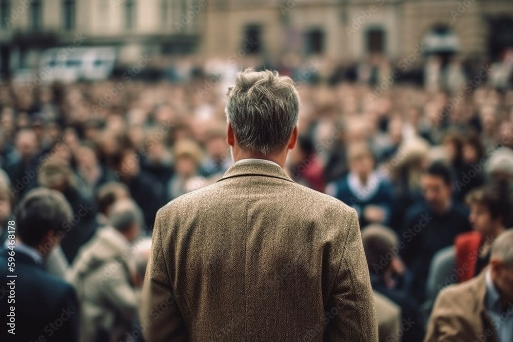 The back of the person speaking, blurred background a crowd of spectators. AI generative The back of the person speaking, blurred background a crowd of spectators. AI generative