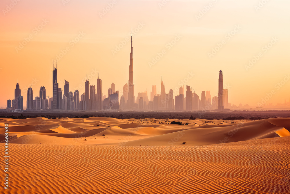 Fototapeta premium Dubai skyline in dessert at sunset. Hot summer night in Dubai dessert. Generative AI.