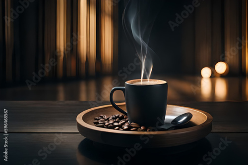 Photo hot black coffee mug on wooden table  , cozy warm mood , black and brown tones