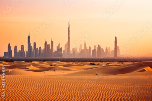 Dubai skyline in dessert at sunset. Hot summer night in Dubai dessert. Generative AI.