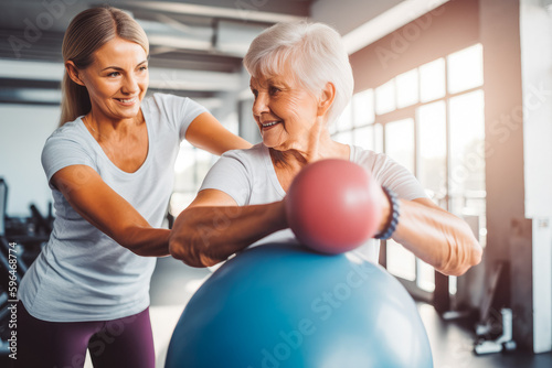 Elderly healthy active woman using gym yoga mall with friend or personal trainer. Smiling and exercising Generative AI
