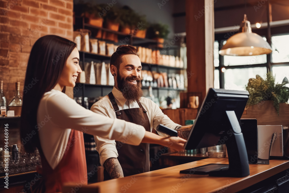 Smiling cashier working in coffee shop and woman paying with credit card.Accepting payment over nfc technology. Generative AI Smiling cashier working in coffee shop and woman paying with credit card.Accepting payment over nfc technology. Generative AI