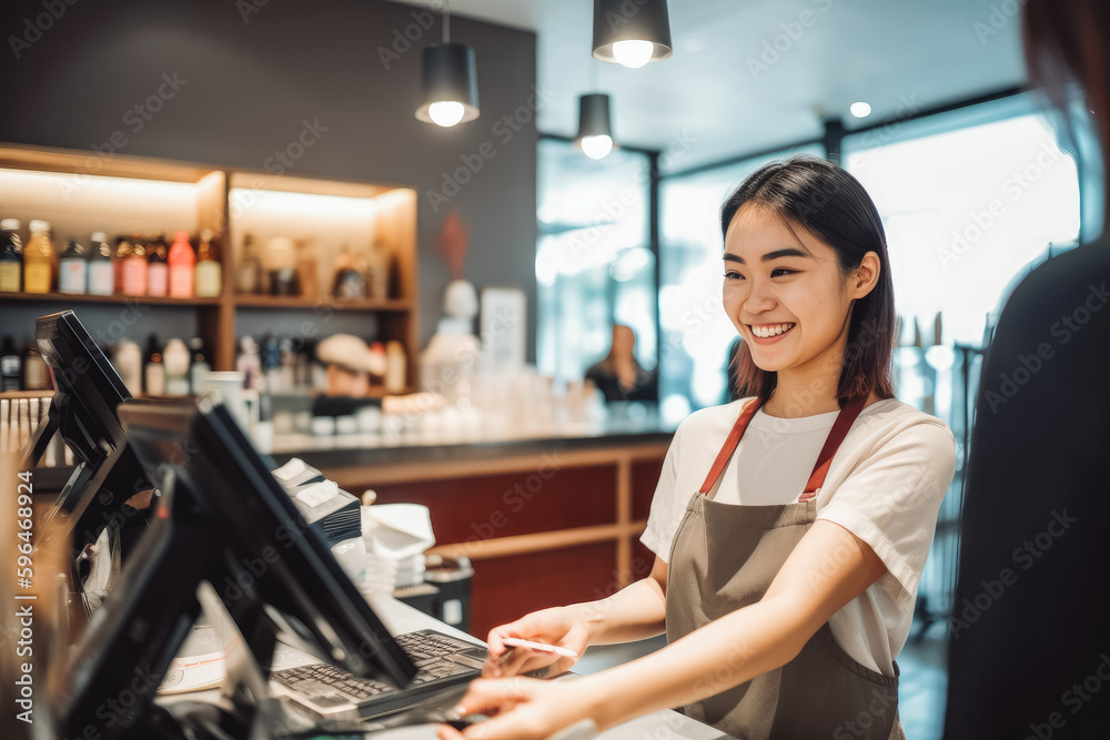 Smiling cashier working in coffee shop and woman paying with credit card.Accepting payment over nfc technology. Generative AI Smiling cashier working in coffee shop and woman paying with credit card.Accepting payment over nfc technology. Generative AI