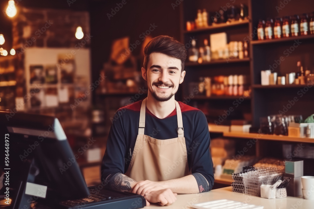 Cheerful young man cashier working in cafe. Coffee shop cashier smiling behind desk. Generative AI
