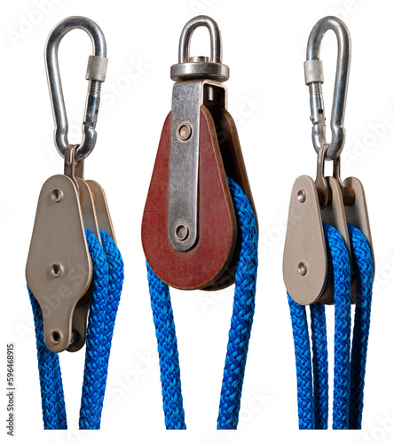 Three sailing blocks together with a rope on an isolated background.