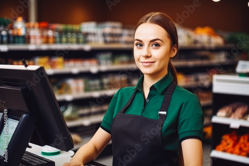 Woman cashier in food store. Young cashier working in grocery store with costumers. Generative AI