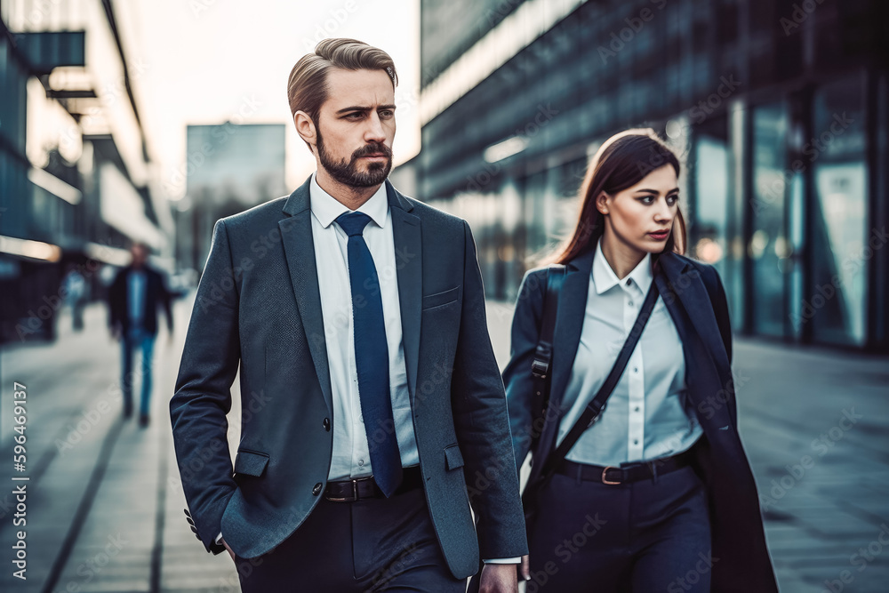 Business man and woman walking in business district in New York. Big city modern lifestyle, working in busy district. Generative AI Business man and woman walking in business district in New York. Big city modern lifestyle, working in busy district. Generative AI