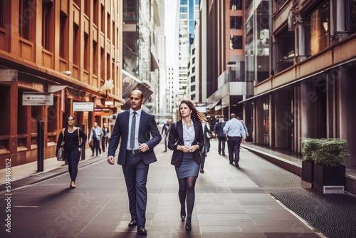 Business man and woman walking in business district in New York. Big city modern lifestyle, working in busy district. Generative AI