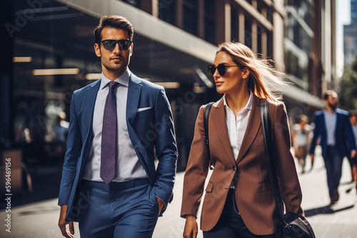 Business man and woman walking in business district in New York. Big city modern lifestyle, working in busy district. Generative AI