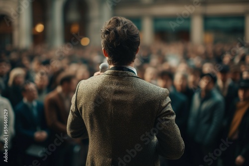 The back of the person speaking, blurred background a crowd of spectators. AI generative