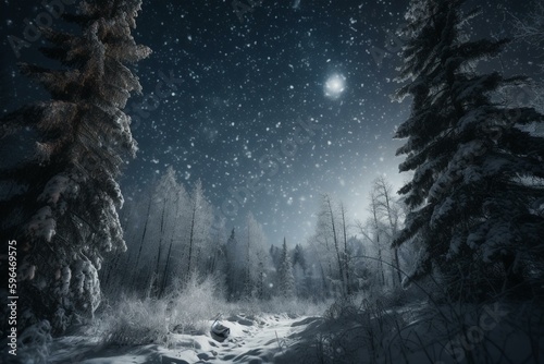 Winter's night sky filled with snowy flakes. Generative AI