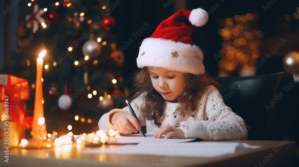 a girl write a letter to Santa Claus ordering gifts for Christmas. the concept of Christmas, celebration and happy childhood. Generative AI a girl write a letter to Santa Claus ordering gifts for Christmas. the concept of Christmas, celebration and happy childhood. Generative AI