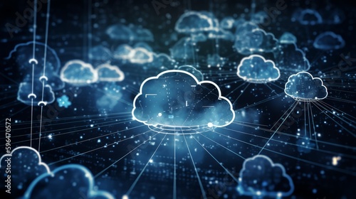 Cloud Computing Network, Blue Digital Cloudscape with Lines and Nodes, AI Generative