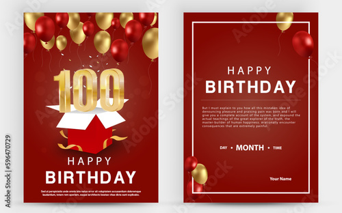 Vector invitation double card for 100th birthday celebration. Brochure the centenary anniversary celebration. Template of invitational for print. photo