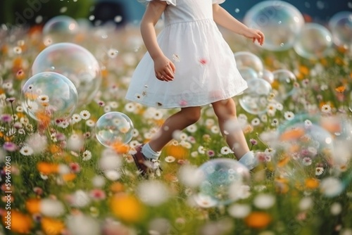 giant bubbles, blurred background of close up legs, a child wearing white clothes and running around on the a colorful field of flowers. AI generative