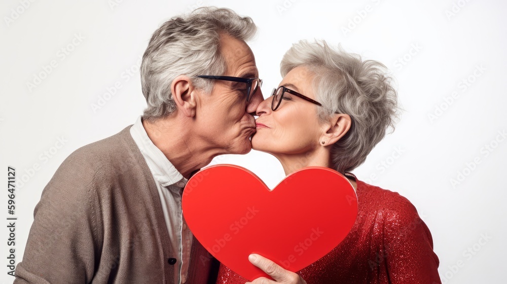 Middle-Aged Couple Kissing with Red Heart on White Background, AI Generative Middle-Aged Couple Kissing with Red Heart on White Background, AI Generative