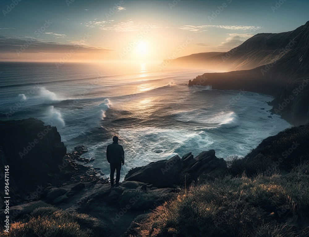 Looking over the ocean, wanderlust, sunrise, sunset, ocean view, background, travel, wonder, beautiful. Generative AI Looking over the ocean, wanderlust, sunrise, sunset, ocean view, background, travel, wonder, beautiful. Generative AI
