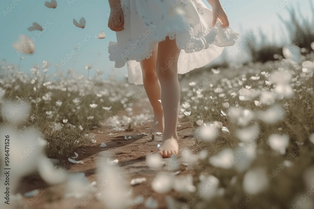 A close - up of child legs wearing white clothes and running around on the field of white flowers, blurred background of a lot of white and blue petals fluttering by wind, sunlight. AI generative A close - up of child legs wearing white clothes and running around on the field of white flowers, blurred background of a lot of white and blue petals fluttering by wind, sunlight. AI generative