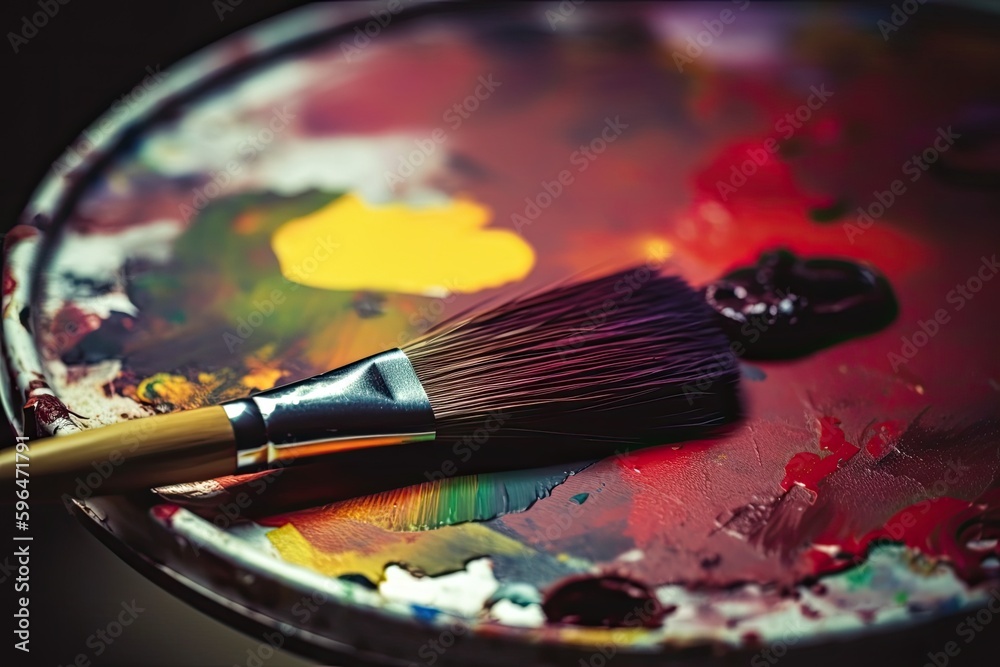 Paintbrush on a Palette in Close-up View. Generative AI Paintbrush on a Palette in Close-up View. Generative AI