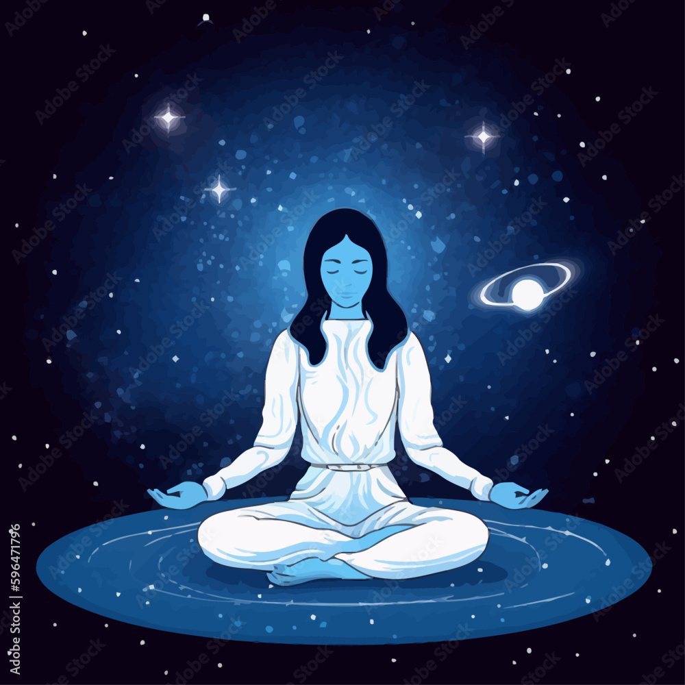 A woman is sitting in the lotus position in a vector illustration on a space background. Mental health awareness month.	
