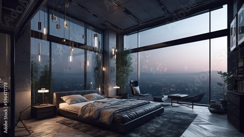 The night bedroom of a luxury penthouse. Generative AI. © EUDPic
