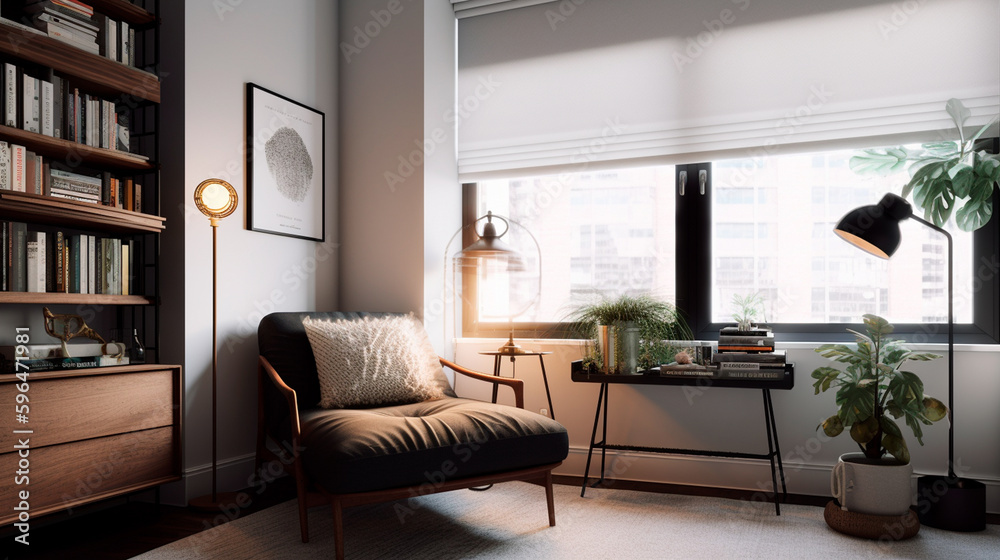 Apartment reading nook in mid century modern style. Generative AI