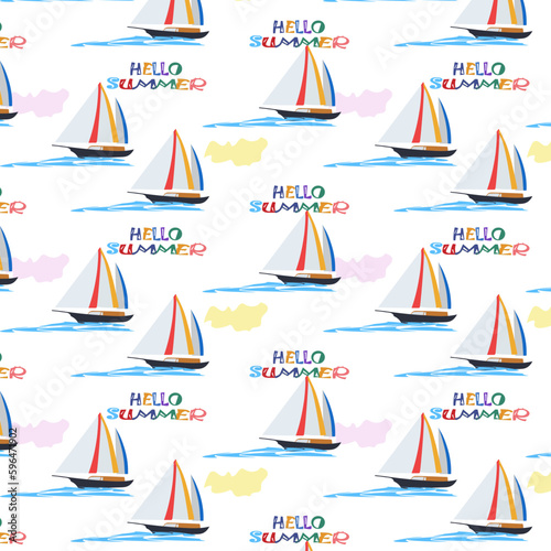 A pattern of a sailboat and waves and inscriptions- hello, summer