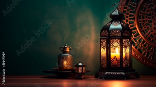 Arabic ramadan lantern with burning candle. Generative AI