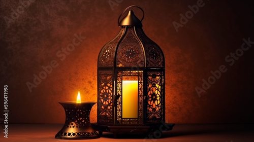 Arabic ramadan lantern with burning candle. Generative AI