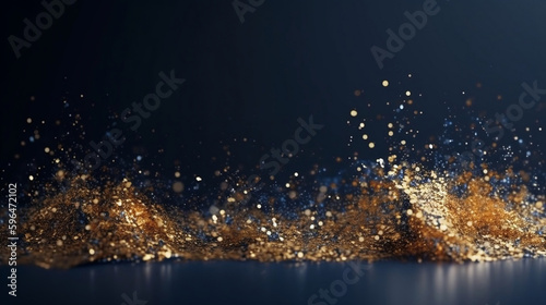 Abstract background with Dark blue and gold particle. Christmas Golden light shine particles bokeh on navy blue background. Gold foil texture. Holiday concept. Generative ai