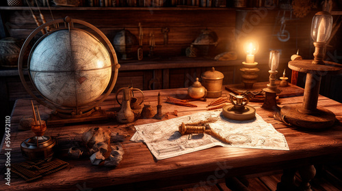 Background with a brown wooden table, a pirate treasure map, and other items. Generative AI