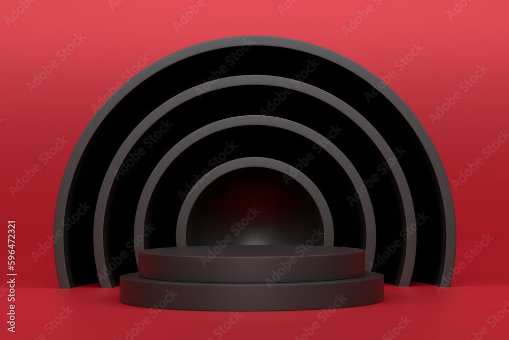 Obraz premium Pastel black cylinder podium with steps on red background