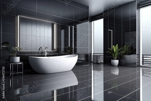 modern bathroom with a spacious tub and sleek sink. Generative AI