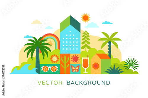 Vector simple flat illustration, summer vacation, tropical hotel,  geometric summer pattern and banner, sun travel, landscape with island scenery with houses and palm trees